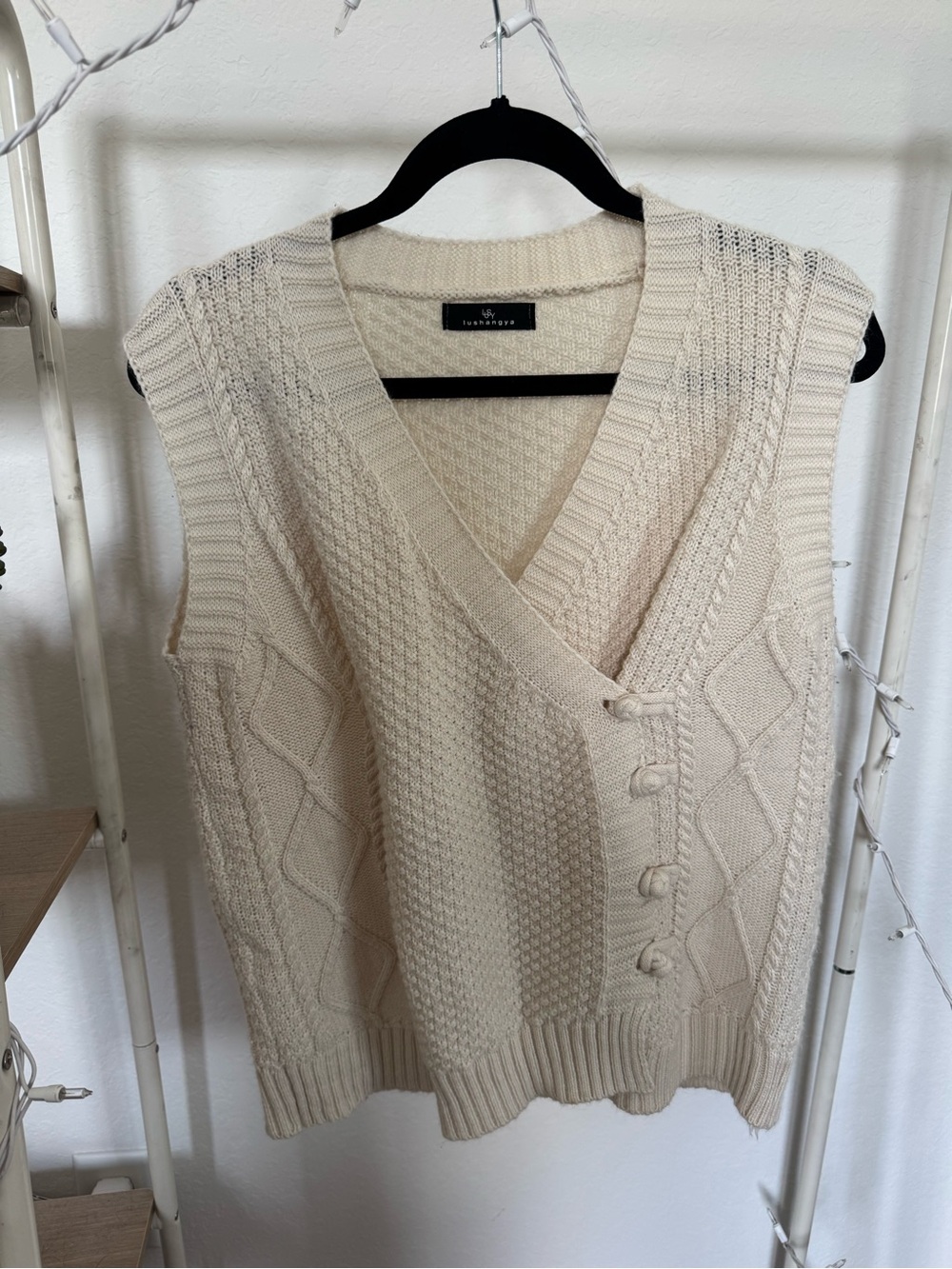 Sleeveless V-Neck Cable Knit Sweater Vest in Cream